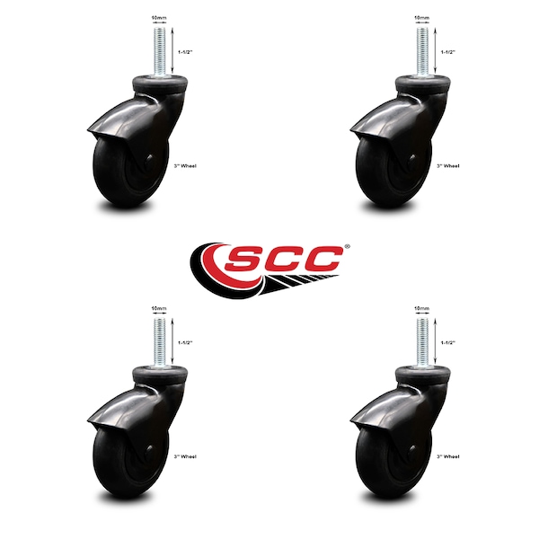 3 Inch Black Hooded Neoprene Rubber 10mm Threaded Stem Casters SCC, 4PK